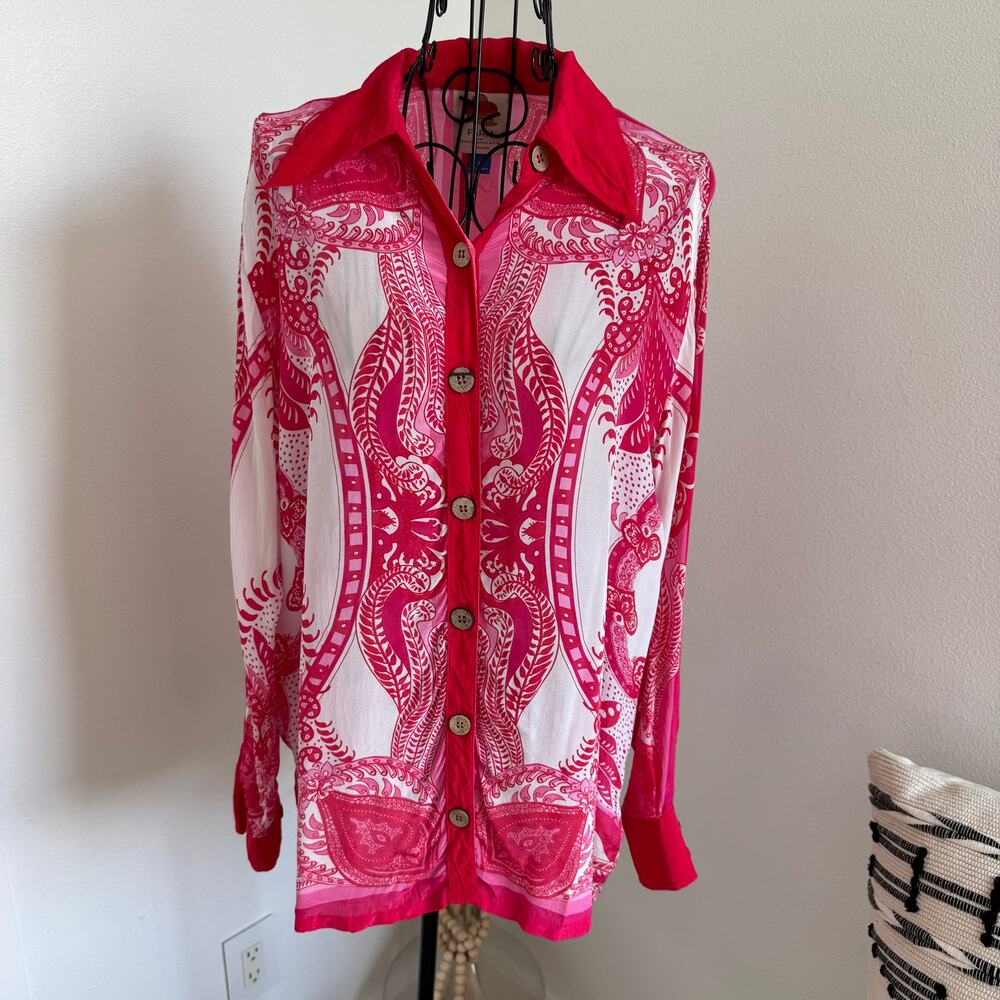 FARM Rio x Anthropologie Pink Red Scarf Paisley Print Button Down Blouse Small